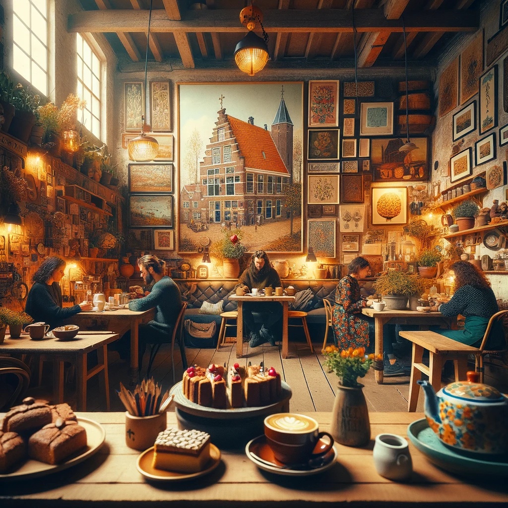 Przytulne i artystyczne wnętrze kawiarni De Ontdekking w Utrechcie, z ludźmi delektującymi się kawą i domowymi ciastami.