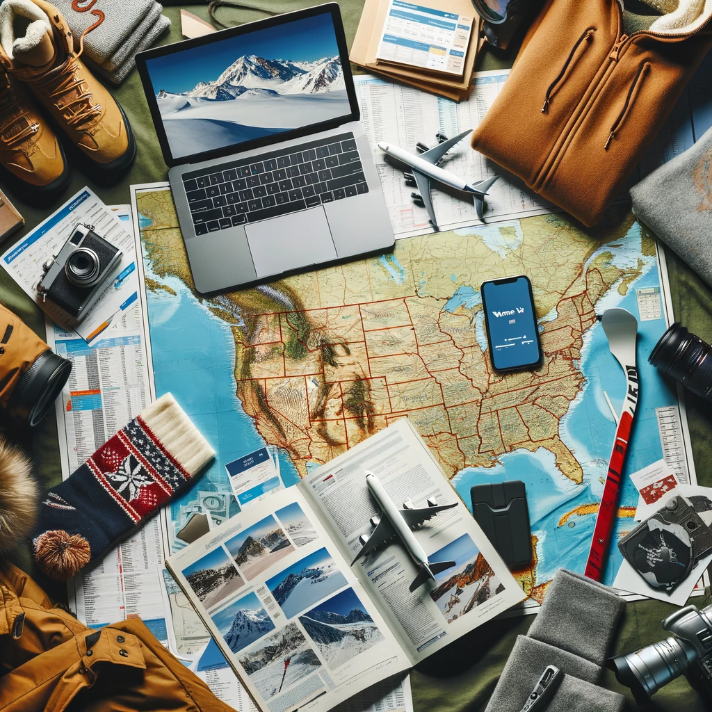 Podróżnik planujący zimowe wakacje w USA, otoczony mapami, broszurami ośrodków narciarskich, laptopem z opcjami lotów, zimowym ekwipunkiem takim jak ciepła kurtka i sprzęt narciarski.