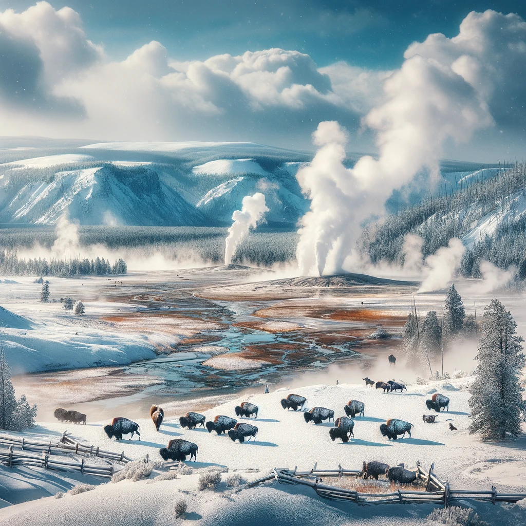 Malowniczy zimowy krajobraz w Yellowstone National Park, Wyoming, z pokrytymi śniegiem pejzażami, gejzerami tryskającymi w zimnym powietrzu i dziką przyrodą, taką jak bizon na pierwszym planie.
