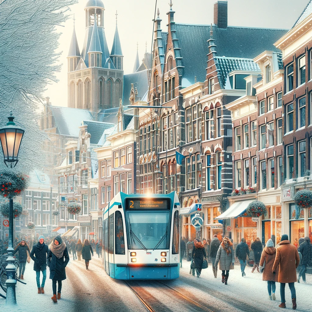 Zimowa scena w Utrechcie z ludźmi w ciepłych ubraniach spacerującymi po malowniczej ulicy z historycznymi budynkami i tramwajem.