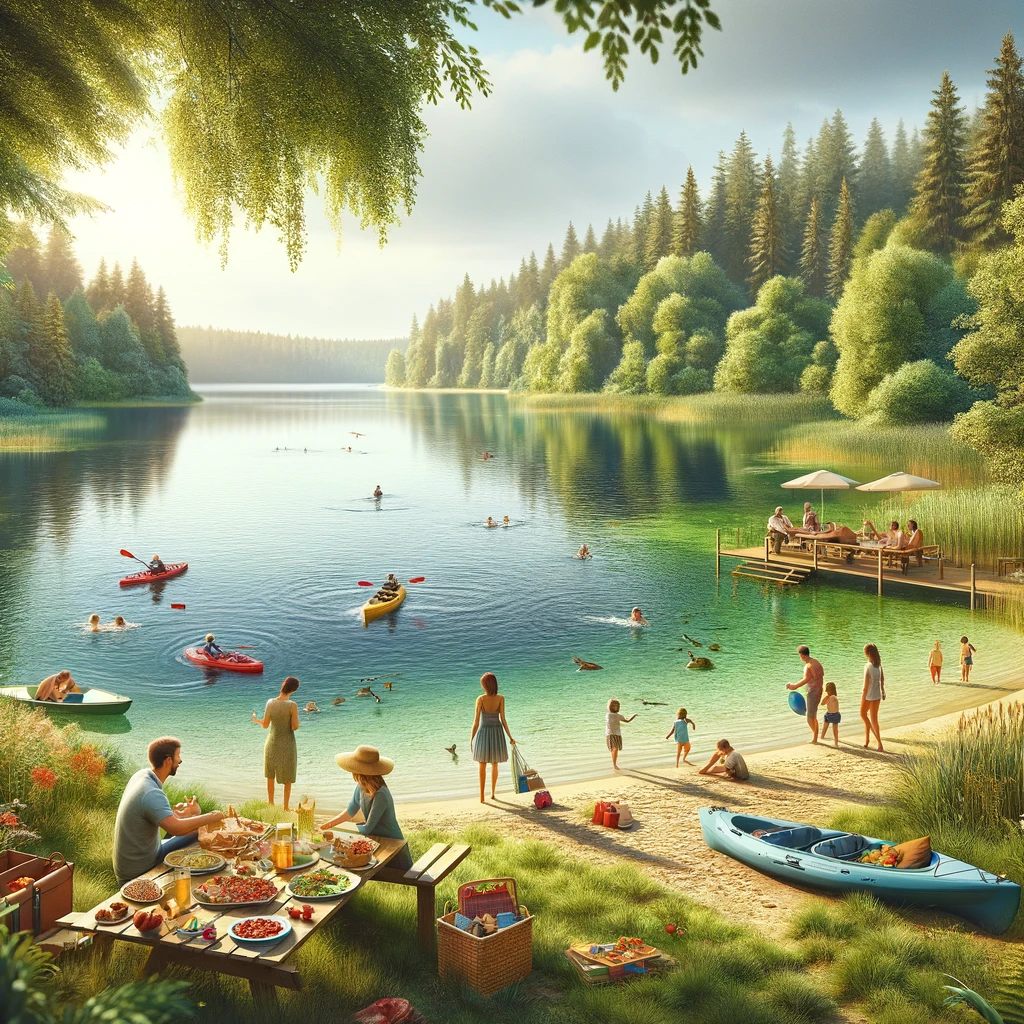 Scena przy jeziorze w Polsce, idealna na rodzinne wakacje, z rodzinami cieszącymi się aktywnościami na świeżym powietrzu, takimi jak kajakarstwo i piknik.