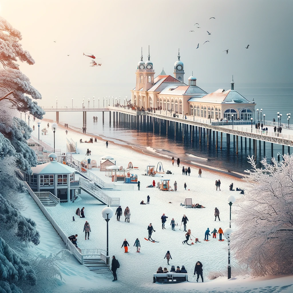 Zimowy widok na Sopot, z pokrytą śniegiem plażą i charakterystycznym molo.