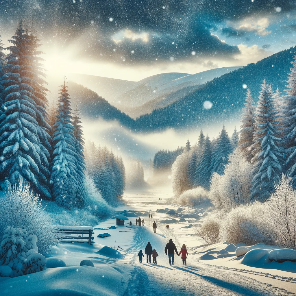 Zimowy pejzaż Międzyzdrojów, z rodzinami spacerującymi po pokrytym śniegiem Wolińskim Parku Narodowym.