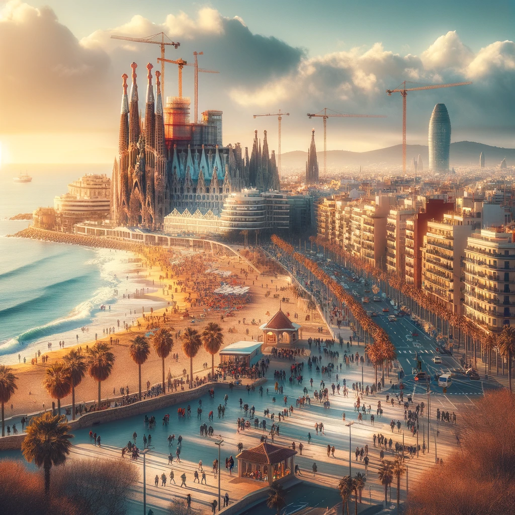 Zimowy widok na Barcelonę z ikoniczną Sagrada Familia w tle i ludźmi cieszącymi się słońcem na plaży.