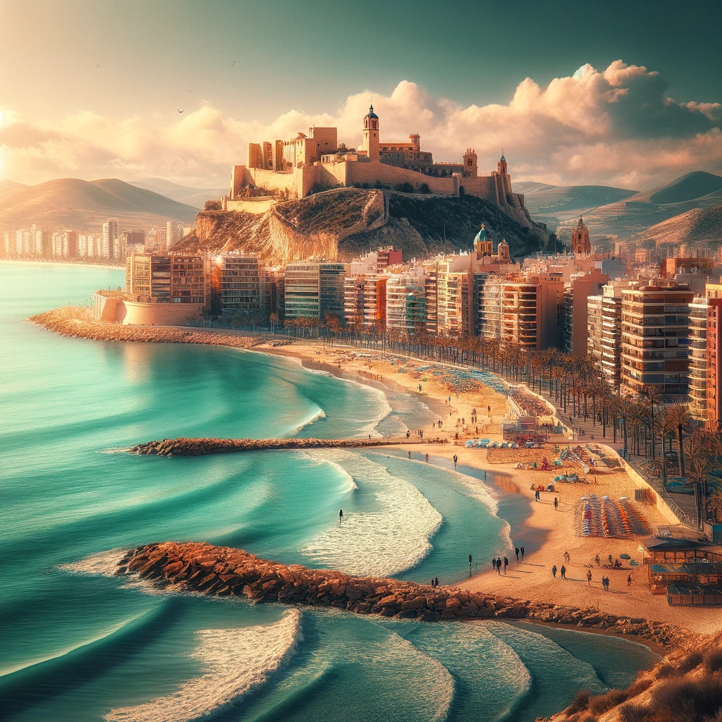 Malowniczy widok na Alicante z ciepłym morzem, pięknymi plażami i Zamkiem Santa Bárbara.