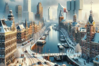 Zimowy widok Rotterdamu w styczniu z zasypanymi śniegiem ulicami i historycznymi budynkami