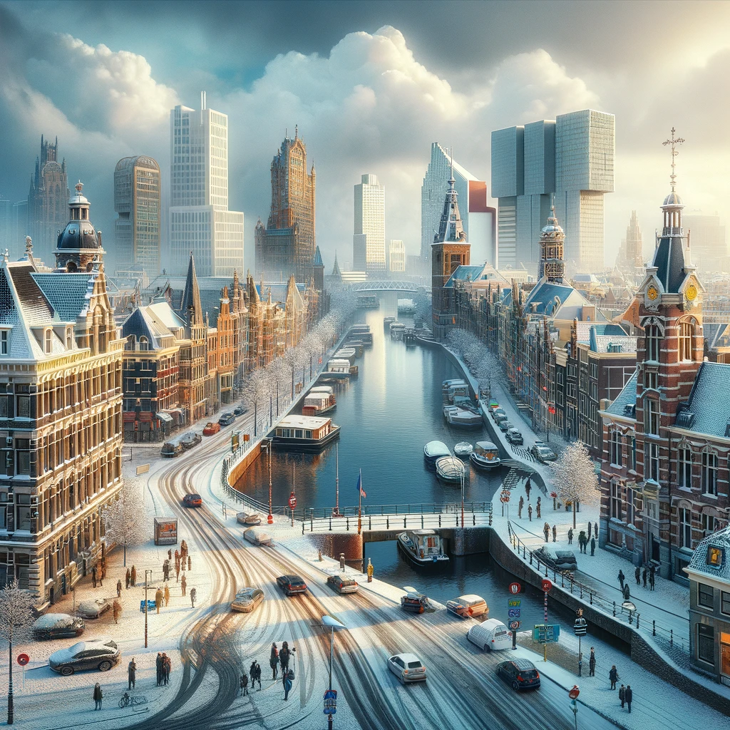 Zimowy widok Rotterdamu w styczniu z zasypanymi śniegiem ulicami i historycznymi budynkami