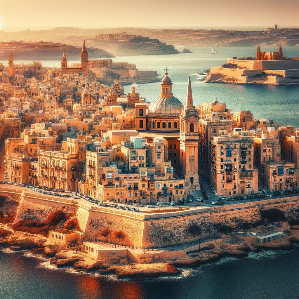 Zachwycający widok na Maltę, z historyczną architekturą Valletty i Mdiny oraz ciepłym Morzem Śródziemnym w tle.