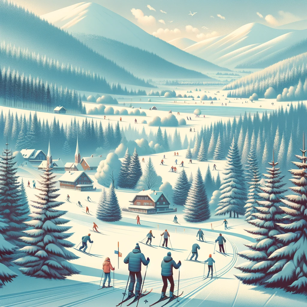 Spokojny zimowy krajobraz Wisły z rodzinami na nartach biegowych