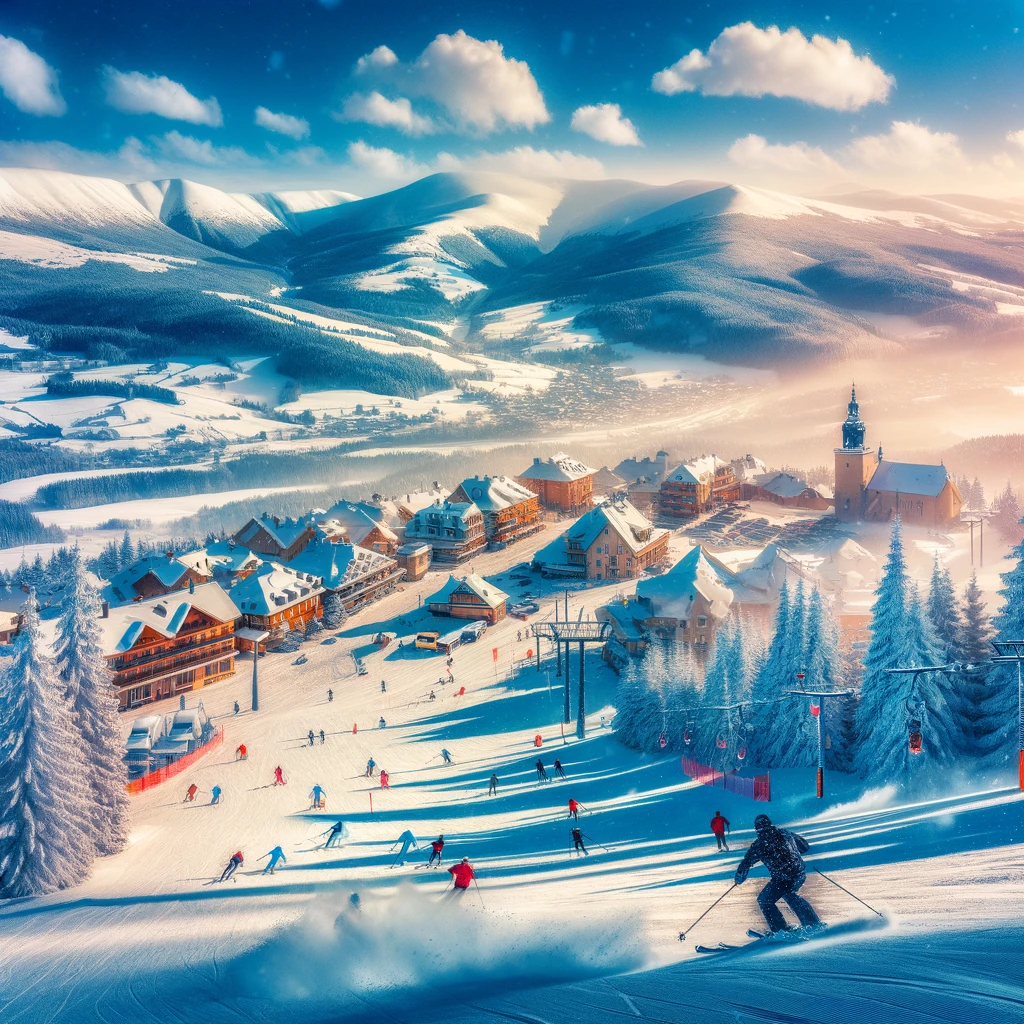 Żywy zimowy krajobraz Zieleniec z narciarzami na stokach