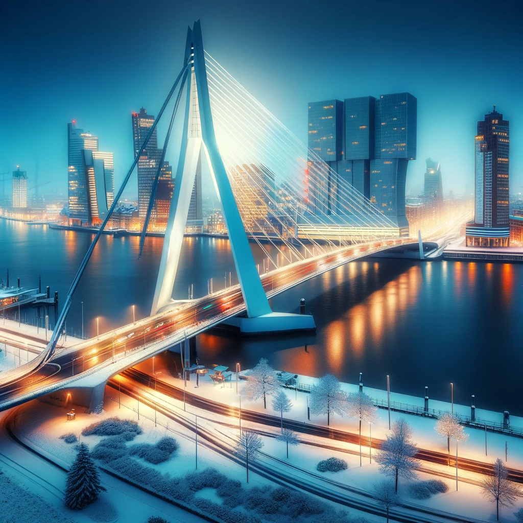 Pokryty śniegiem Most Erasmusa w Rotterdamie zimową porą, z widokiem na oświetlone miasto