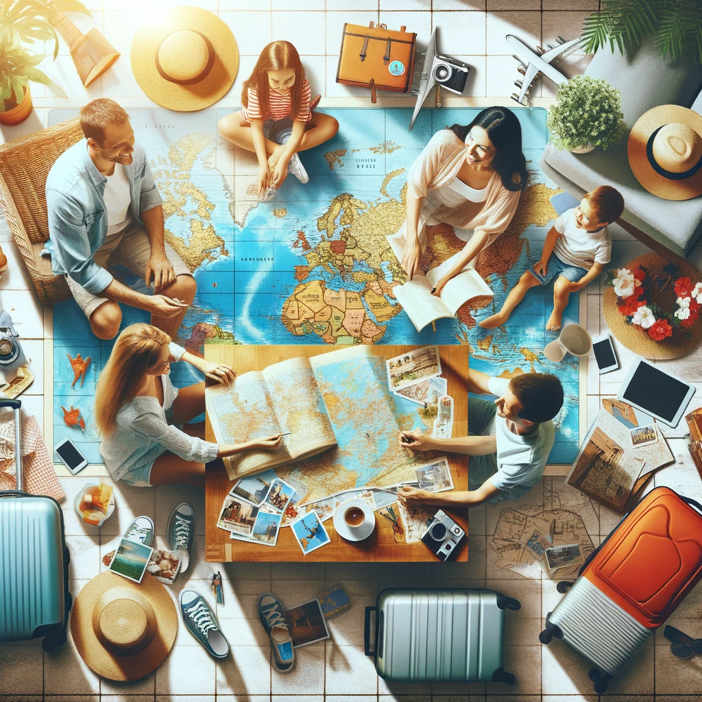 Kolaż przedstawiający rodzinę planującą wakacje, w tym elementy takie jak mapa, broszury turystyczne, pakowanie walizek, i rodzina dyskutująca przy stole z podekscytowaniem.