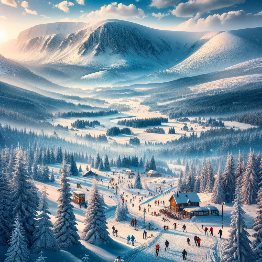 Zimowy panoram Szklarskiej Poręby z szlakami w śnieżnych krajobrazach