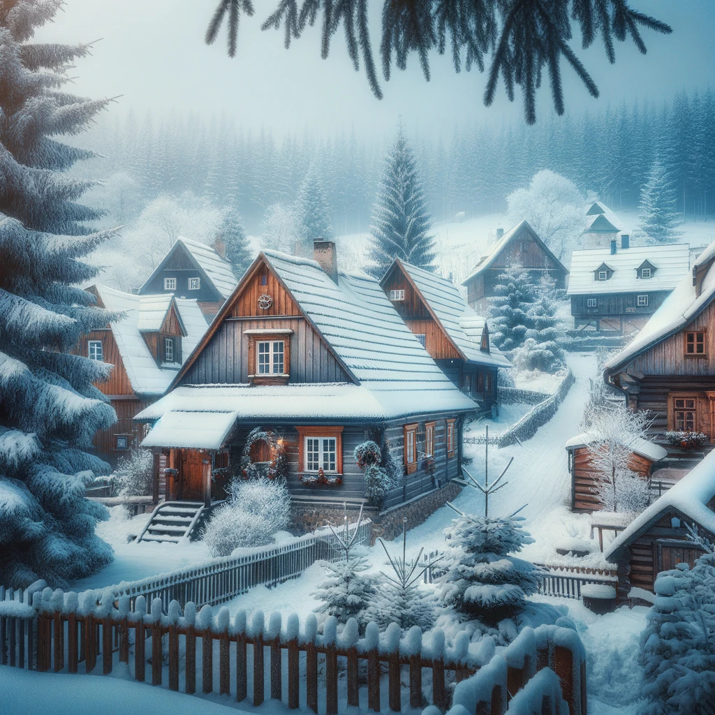 Przytulna zimowa scena w Jurgowie z tradycyjną drewnianą architekturą
