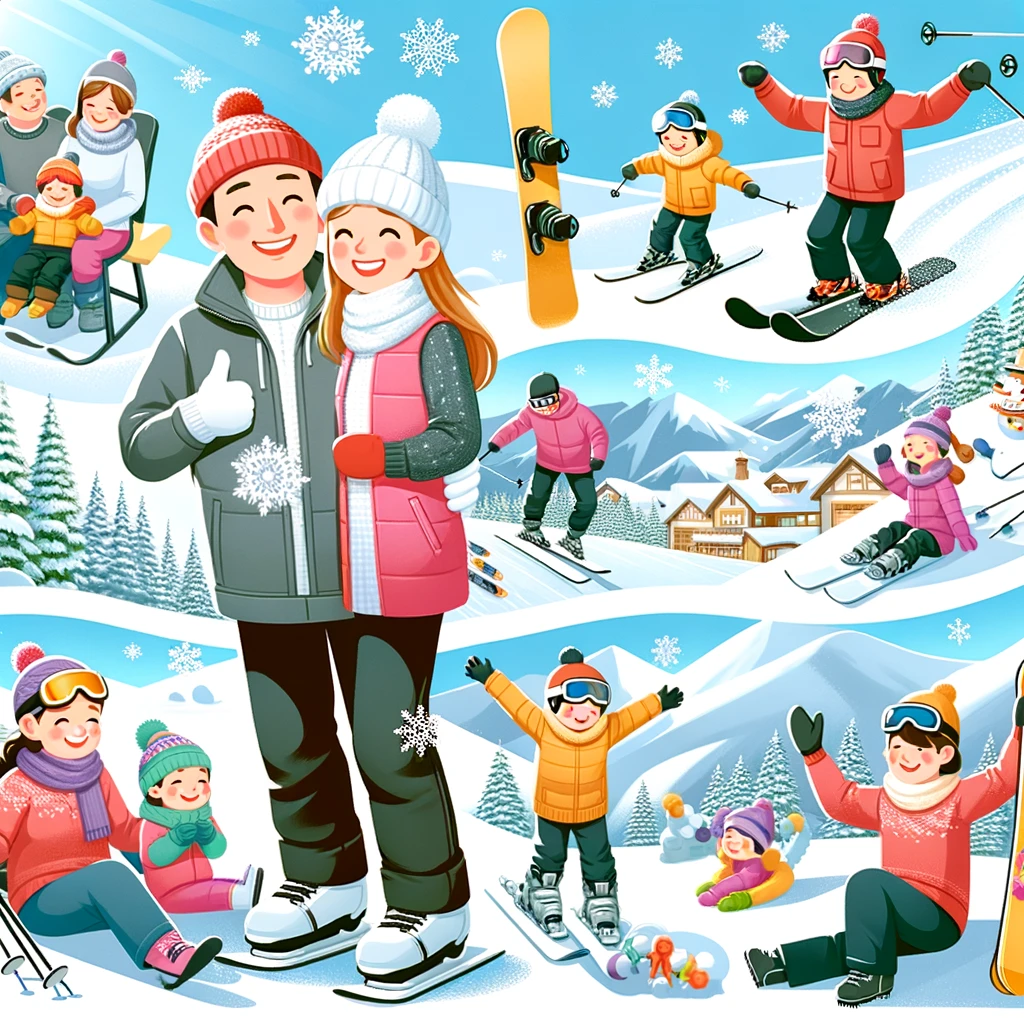 Rodzina ciesząca się różnymi zimowymi aktywnościami, jak narciarstwo i snowboard