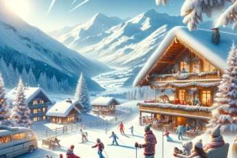 Malowniczy zimowy krajobraz z rodziną cieszącą się śnieżnymi wakacjami za granicą