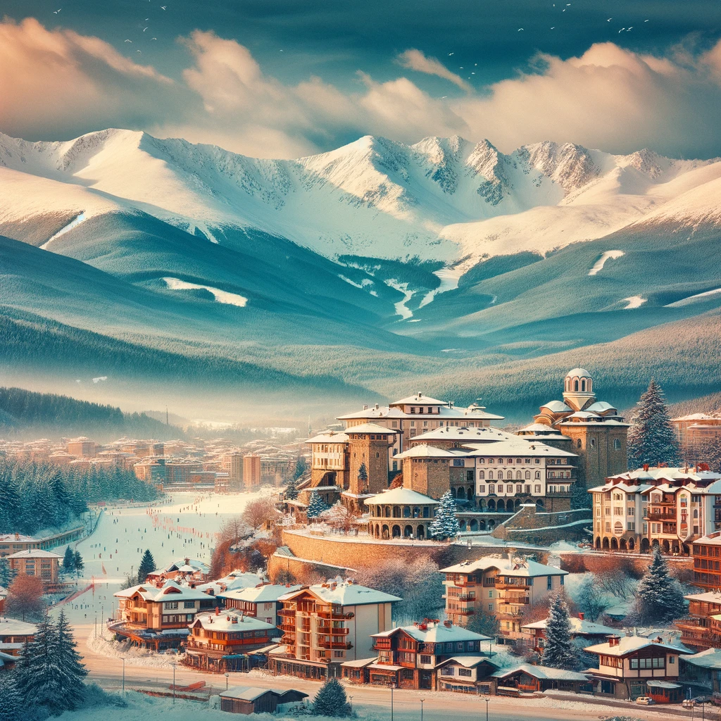 Malowniczy widok na Bansko w Bułgarii zimą, z narciarskimi stokami i tradycyjnym urokiem