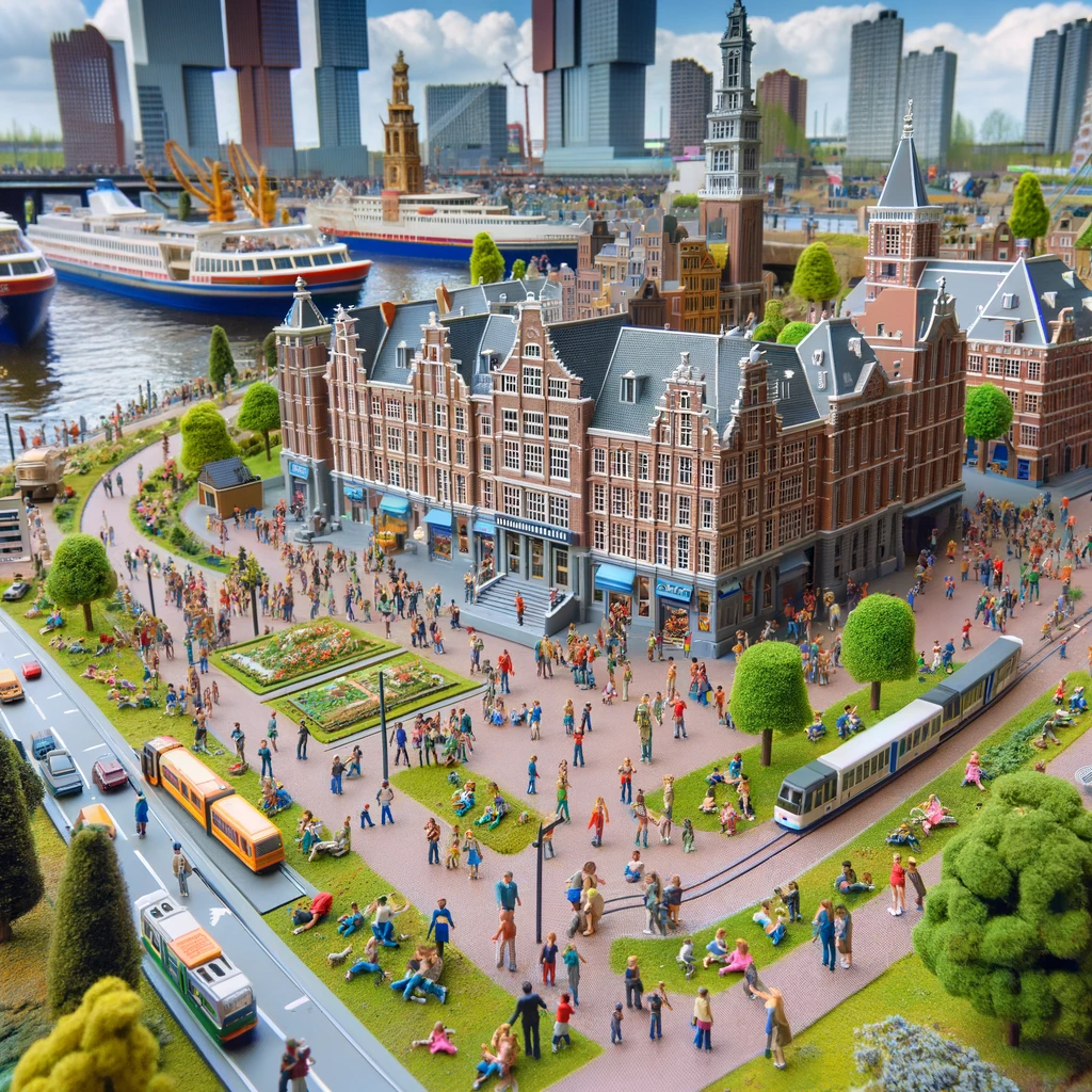 Scena rodzinnego zwiedzania Miniworld Rotterdam, z modelem miasta w miniaturze i roześmianymi dziećmi