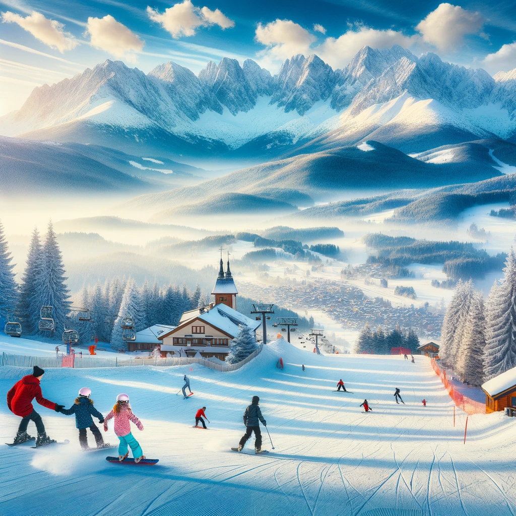 Rodzina ciesząca się narciarstwem i snowboardem na śnieżnych stokach w Zakopanem z widokiem na Tatry