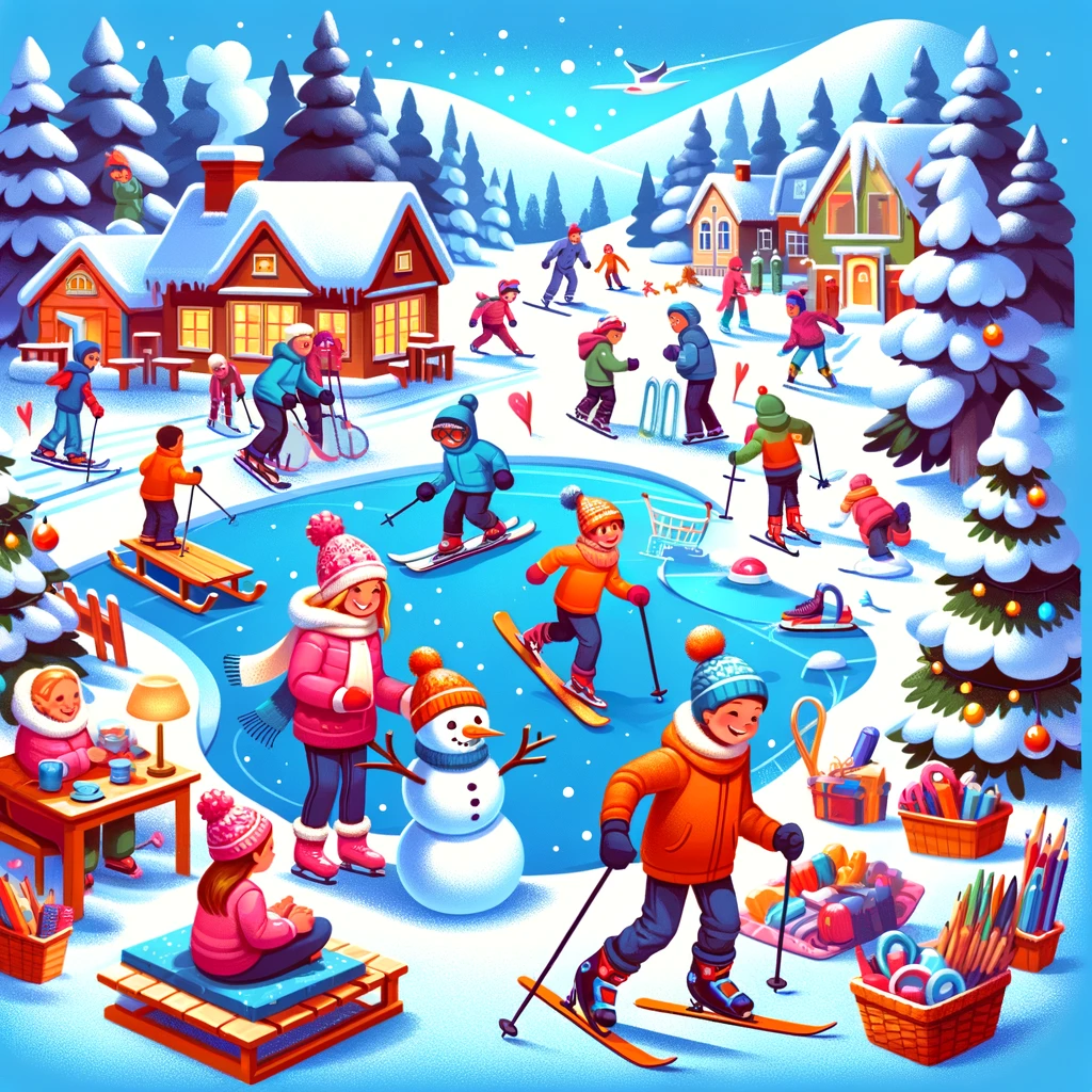 Dzieci bawiące się na śniegu: narciarstwo, saneczkarstwo, lepienie bałwana i łyżwiarstwo
