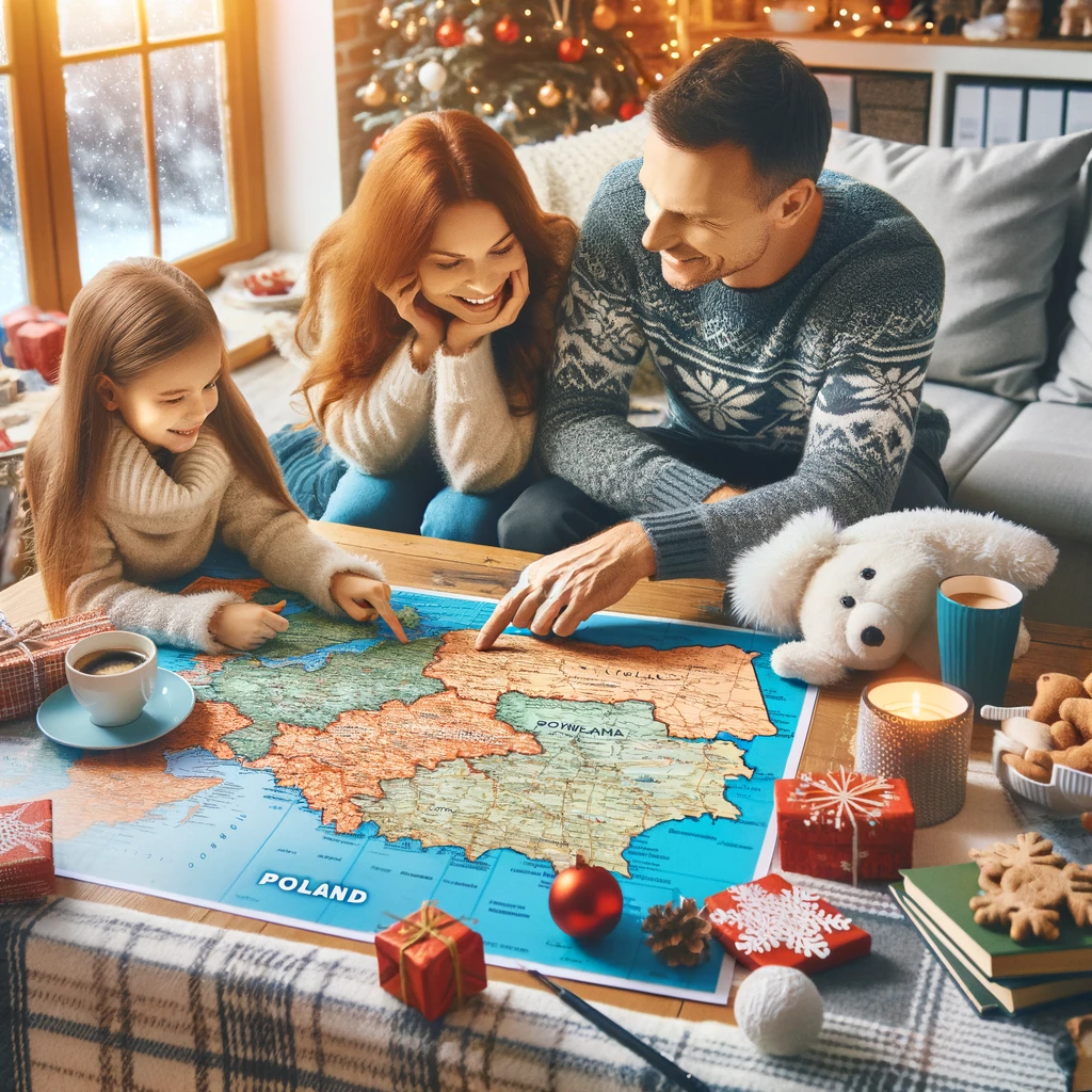 Rodzina planująca ferie zimowe w domowym zaciszu z mapą Polski