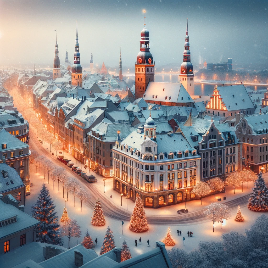 Zimowy krajobraz Rygi, z historycznymi budynkami pokrytymi śniegiem i ulicami rozświetlonymi światełkami