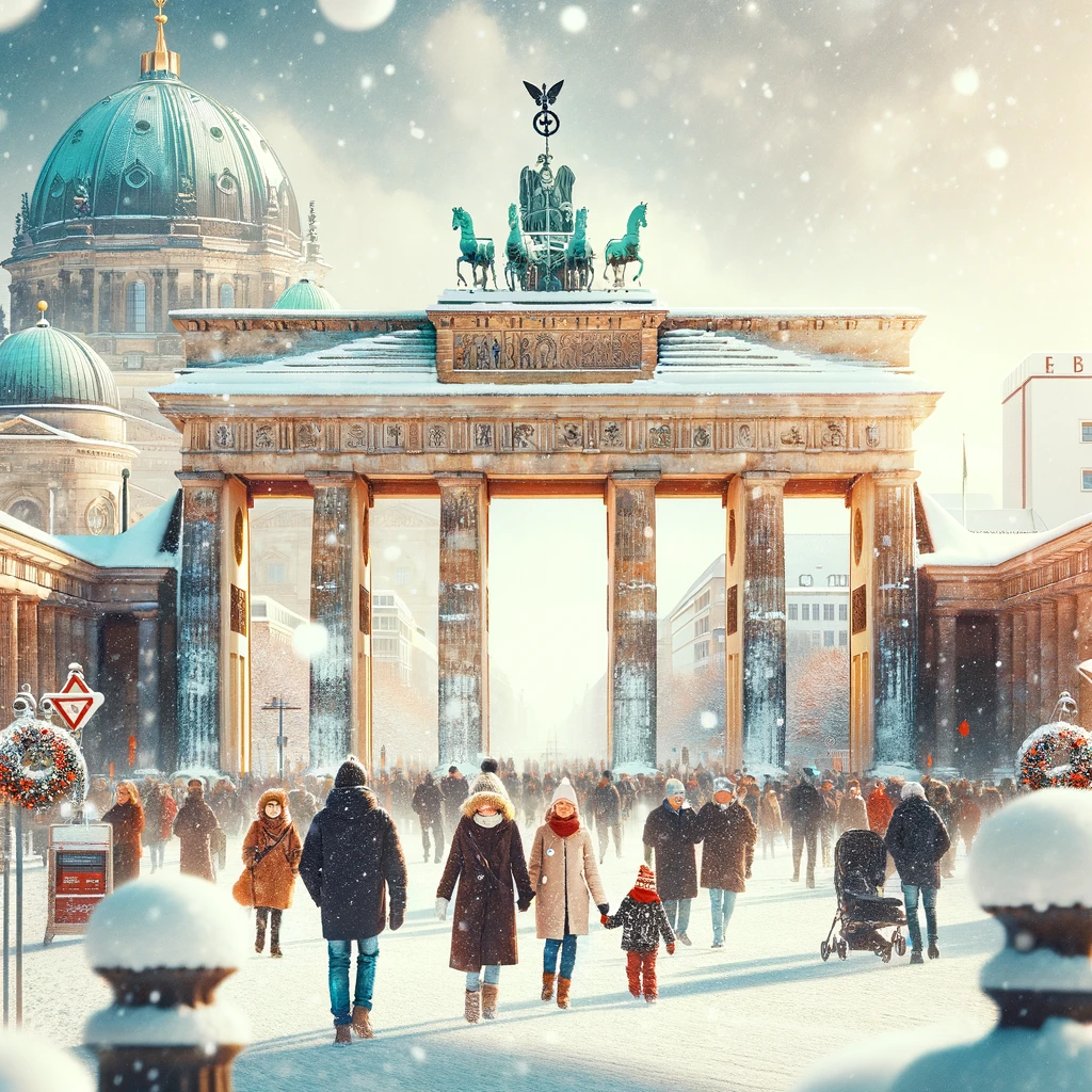 Zimowy krajobraz Berlina z zabytkami takimi jak Brama Brandenburska lub Katedra Berlińska pokryte śniegiem