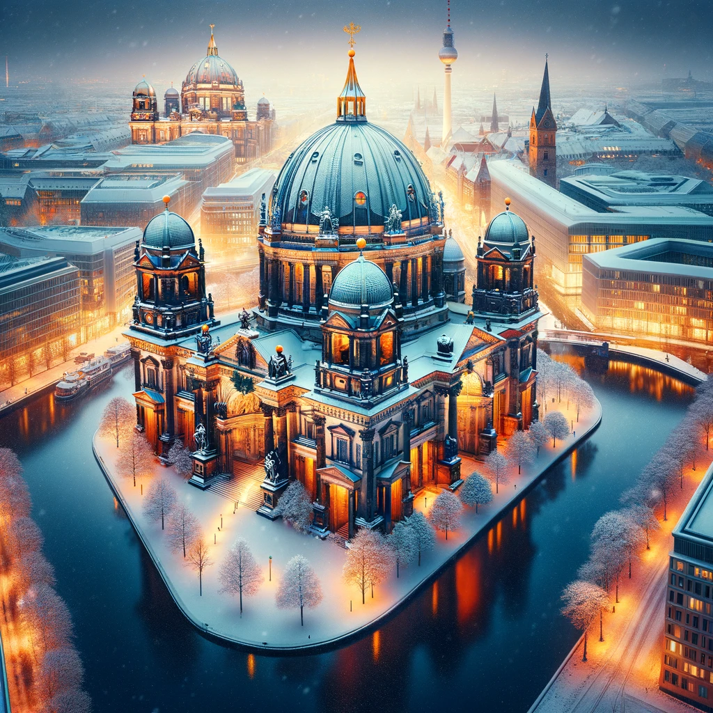 Zimowy widok na berlińskie kulturalne zabytki, otoczone śniegiem i oświetlone ciepłymi światłami