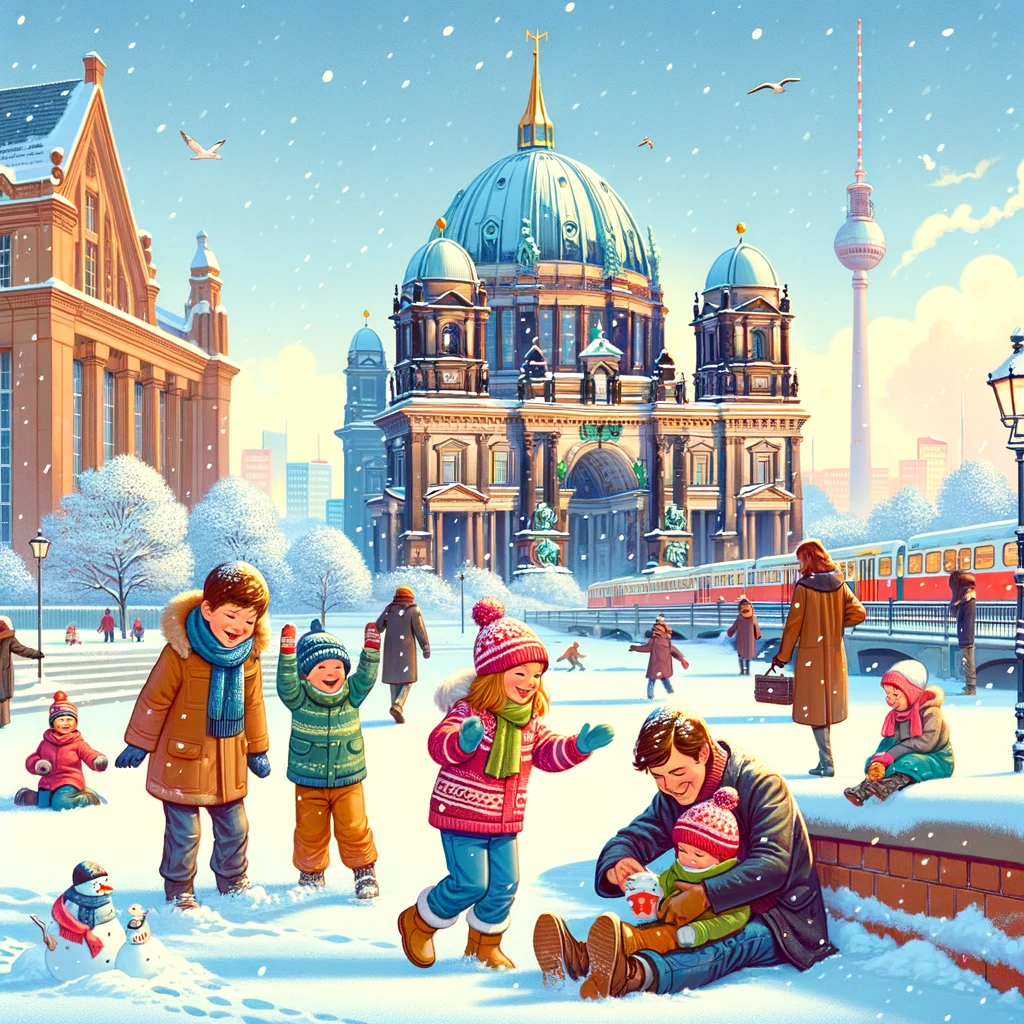 Radosna scena w Berlinie, rodzina cieszy się zimowym dniem na zewnątrz, dzieci bawią się w śniegu obok znanego berlińskiego zabytku