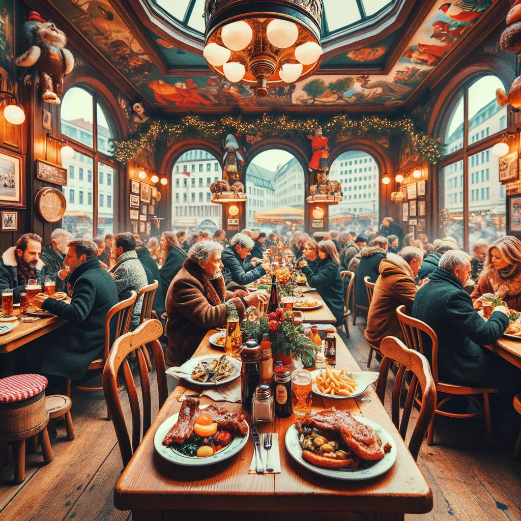 Przytulna i tradycyjna niemiecka restauracja w Berlinie, pełna ludzi delektujących się klasycznymi daniami
