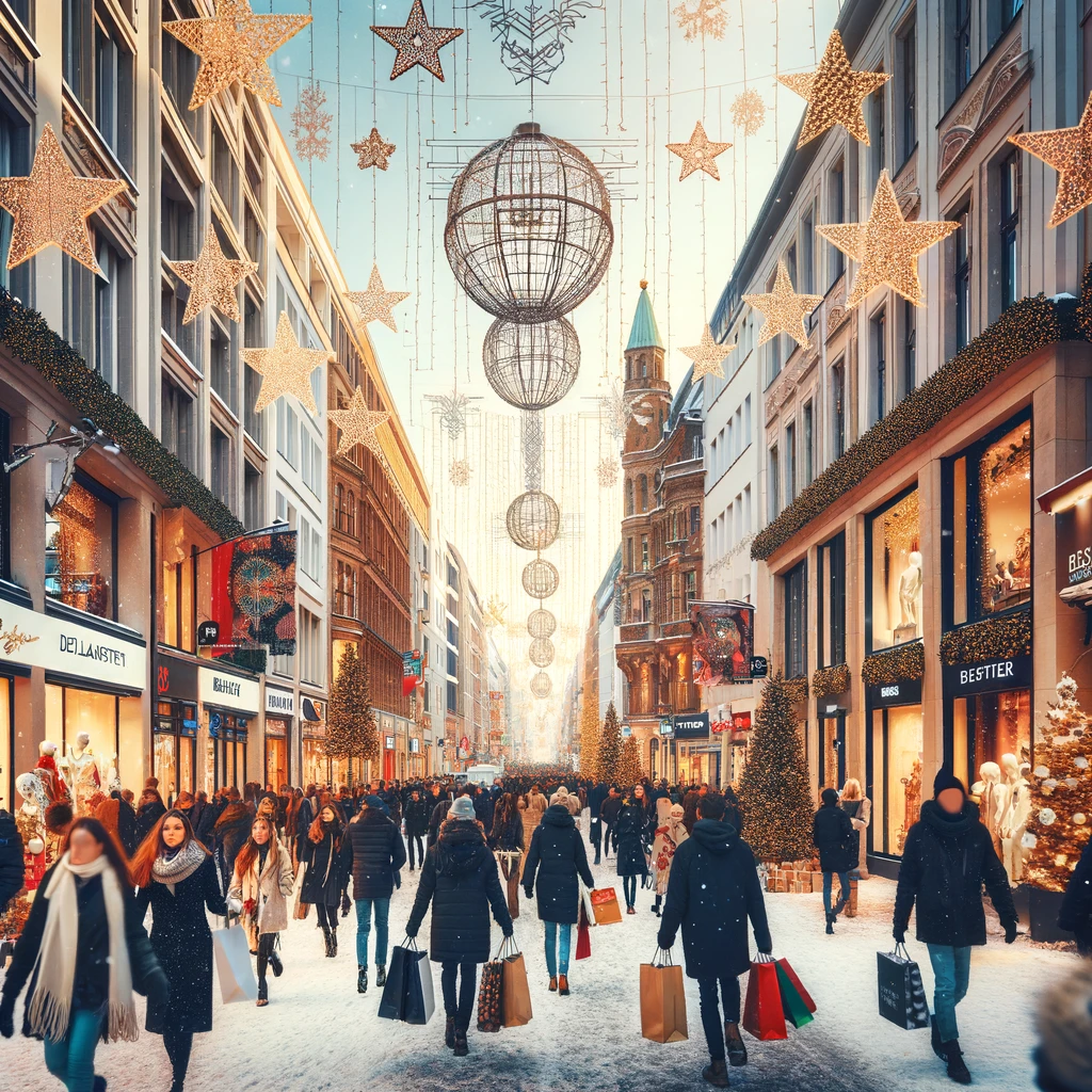 Zatłoczona ulica handlowa w Berlinie zimą, z różnorodnymi sklepami i ludźmi z torbami na zakupy