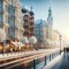 Zimowy widok Hamburga z pokrytymi śniegiem ulicami i historycznymi budynkami