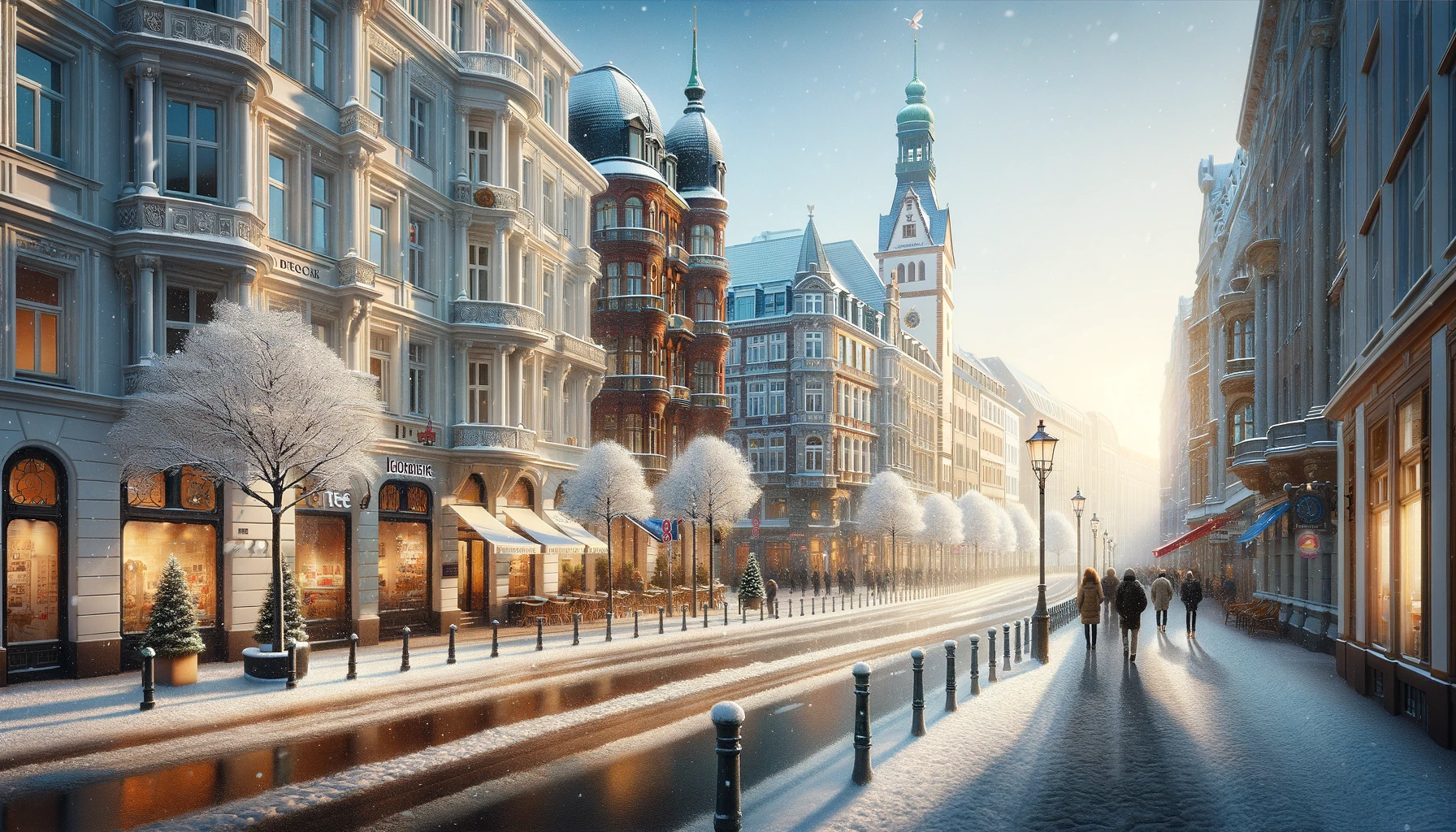 Zimowy widok Hamburga z pokrytymi śniegiem ulicami i historycznymi budynkami