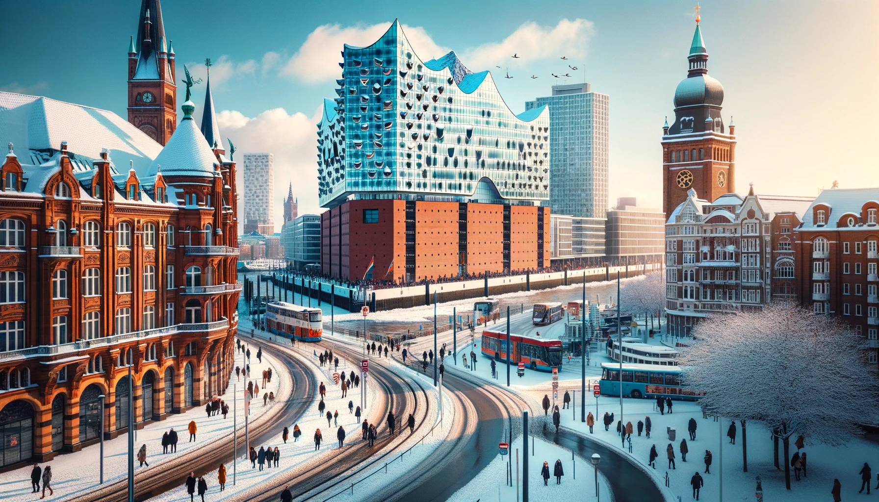Zimowy widok na Hamburg z zasypanymi śniegiem zabytkowymi budynkami i Elbphilharmonie w tle