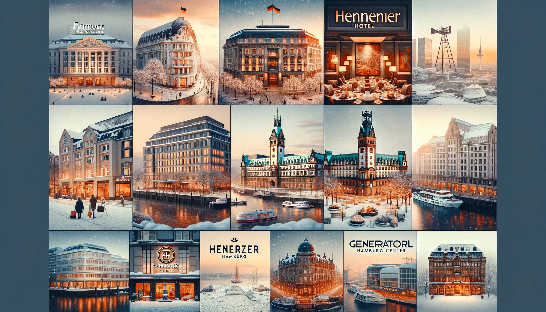 Kolaż różnych hoteli w Hamburgu zimą, od luksusowych po ekonomiczne