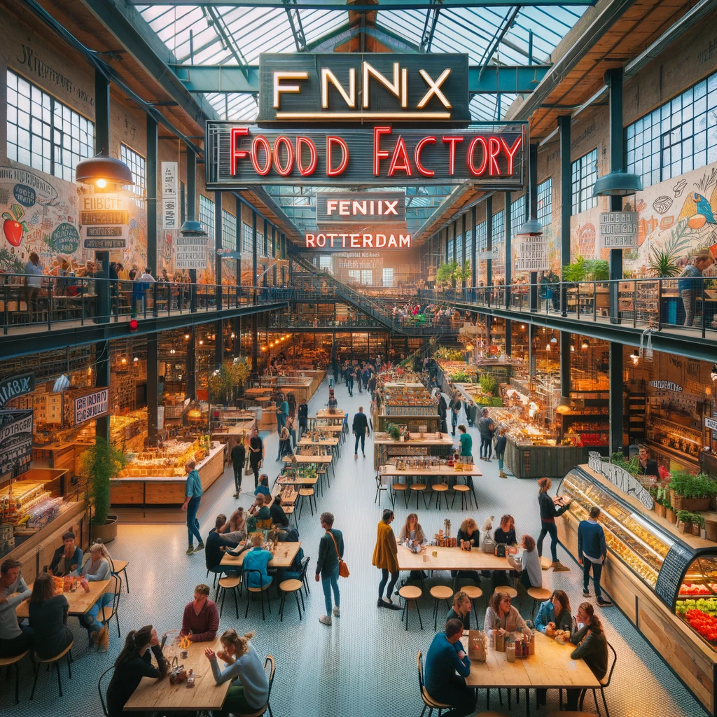 Wnętrze Fenix Food Factory w Rotterdamie, tętniące życiem i prezentujące różnorodność lokalnych produktów
