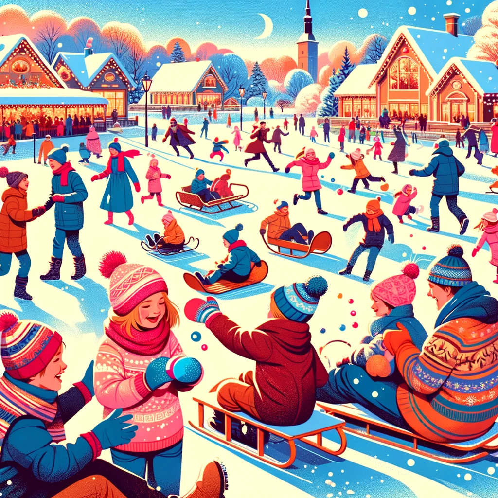 Dzieci bawiące się na zimowym parku w Łotwie, zabawy na śniegu i rodzinna atmosfera