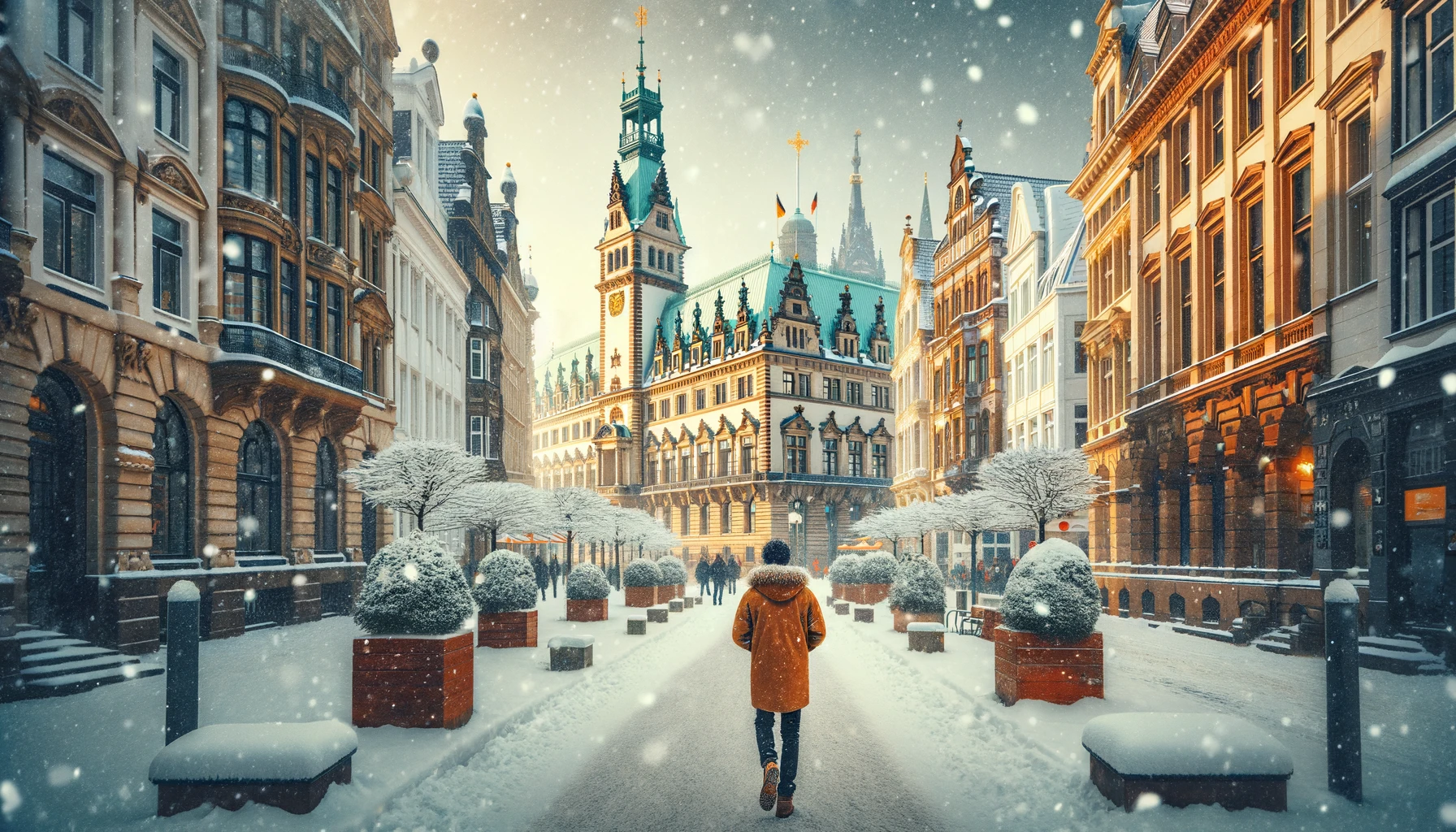 Malownicza zimowa sceneria w Hamburgu, z osobą w ciepłym ubraniu spacerującą po miejskich ulicach z zabytkowymi budynkami pokrytymi śniegiem