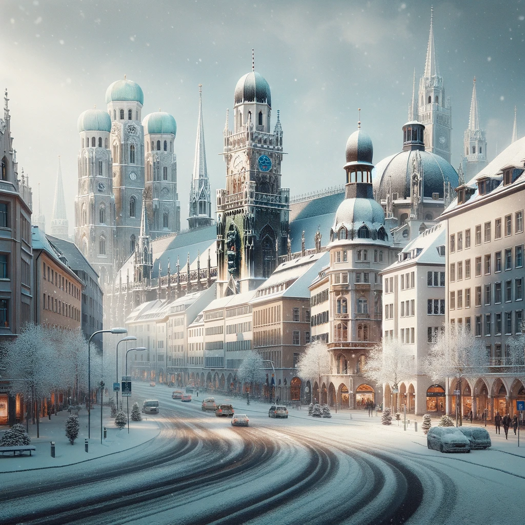 Zimowy pejzaż Monachium z pokrytymi śniegiem ulicami i charakterystyczną architekturą