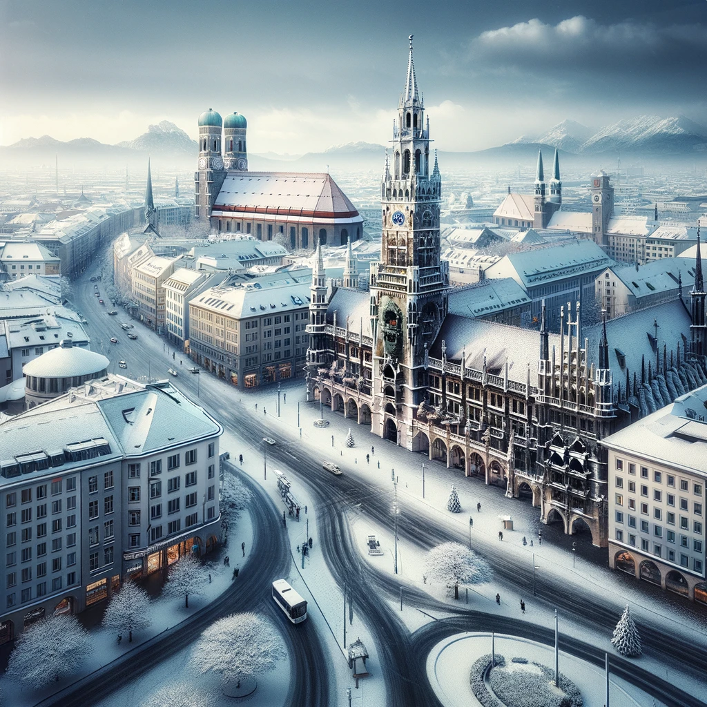 Zimowy krajobraz Monachium z pokrytymi śniegiem zabytkami, w tym Marienplatz i Englischer Garten