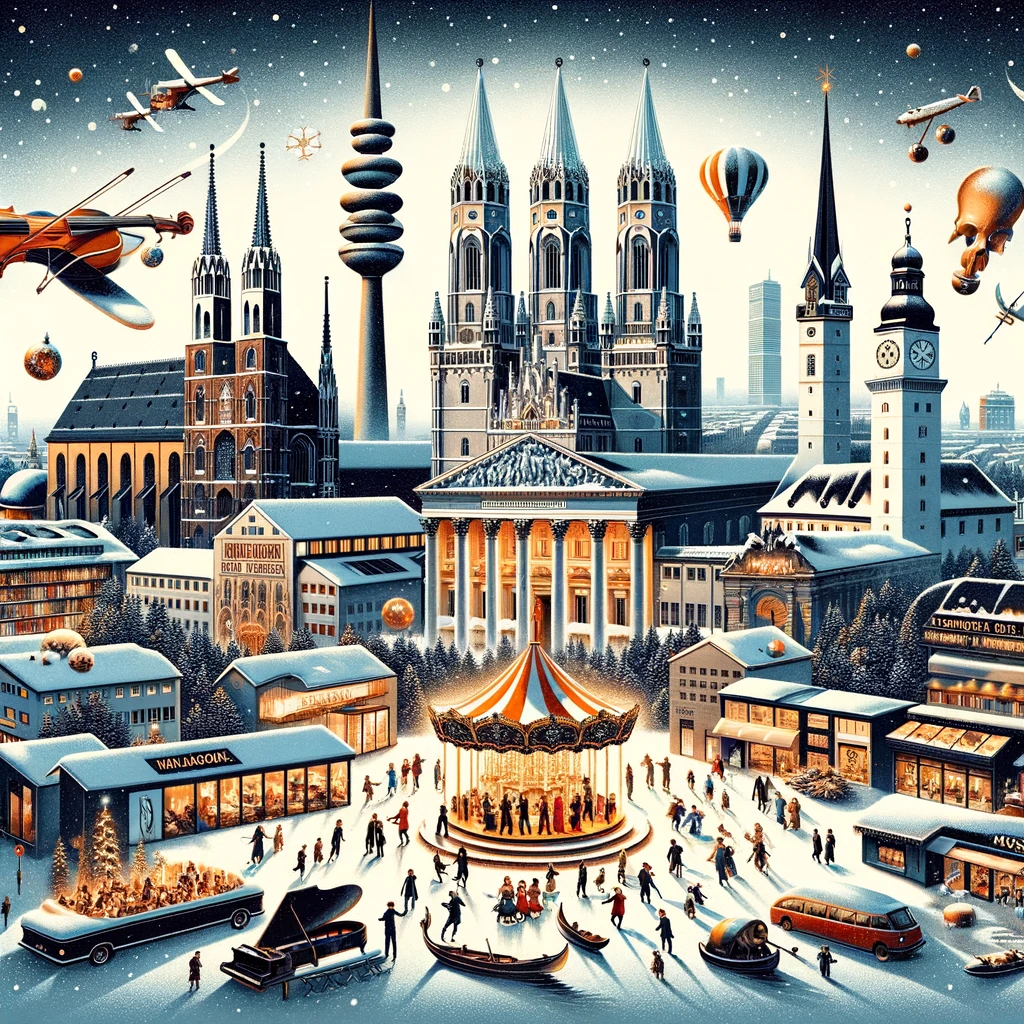 Artystyczne przedstawienie sceny kulturalnej Monachium zimą, z elementami Tollwood Winterfestival, festiwalu filmów krótkometrażowych, koncertów klasycznych i muzeów takich jak Alte Pinakothek, Neue Pinakothek i Museum Brandhorst