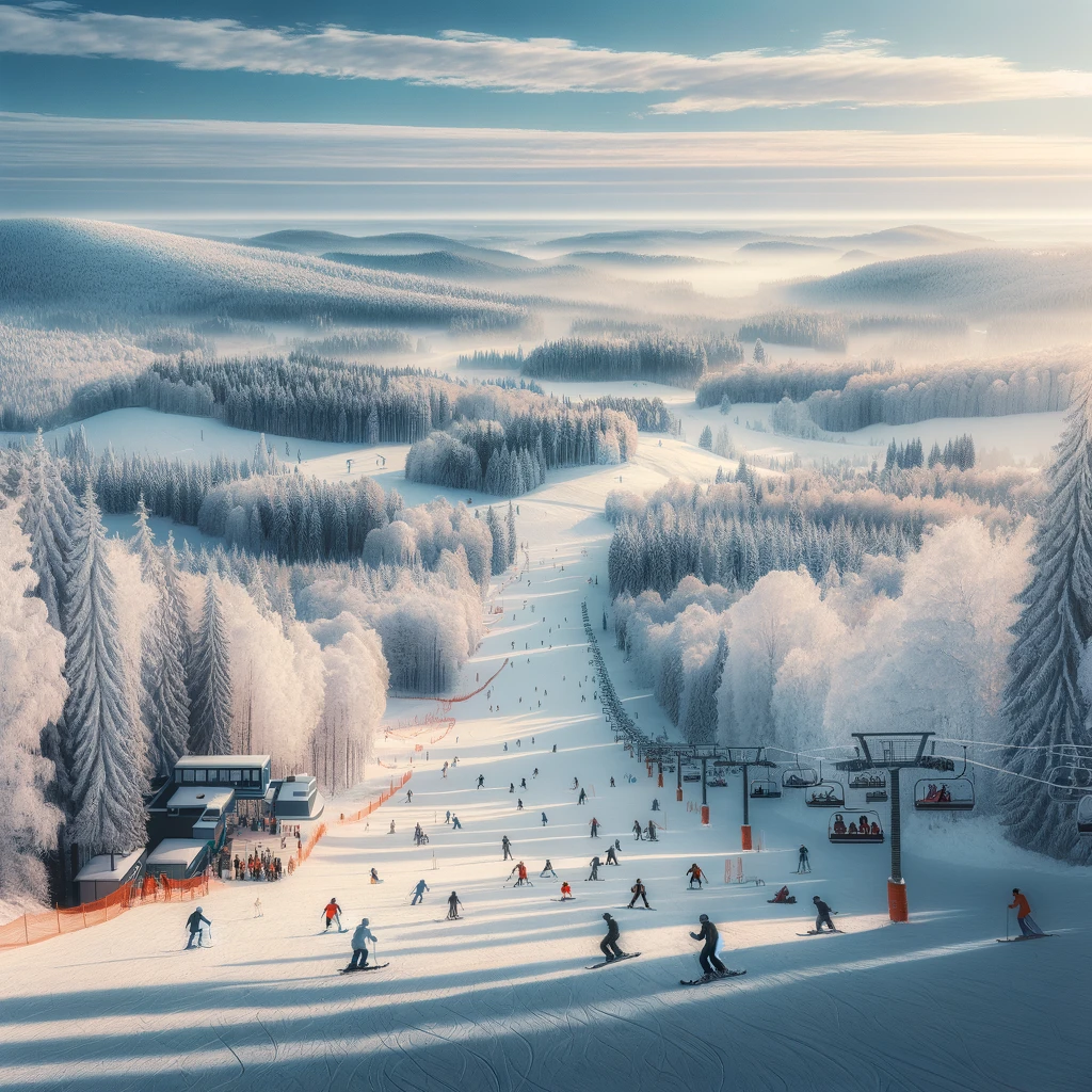 Narciarze i snowboardziści na stokach Gaiziņkalns w zimowej scenerii Łotwy