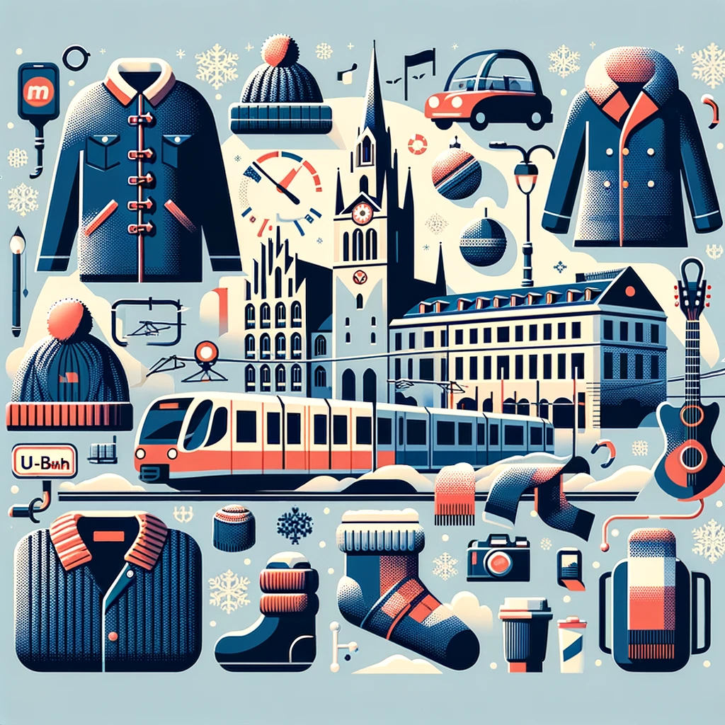 Informacyjny obraz przedstawiający praktyczne wskazówki dotyczące podróży po Monachium w styczniu, w tym system transportu publicznego i zimowy ubiór