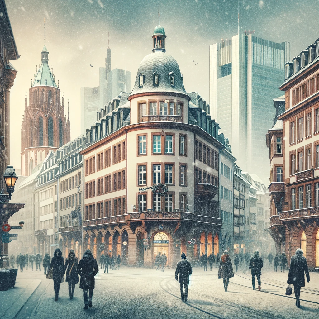 Zimowa scena uliczna we Frankfurcie nad Menem w styczniu
