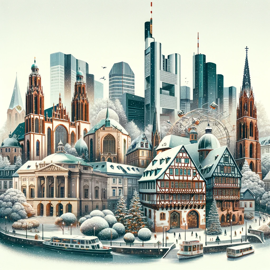 Kolaż atrakcji turystycznych Frankfurtu nad Menem w zimie