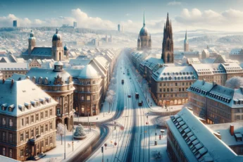 Zimowy widok Stuttgarta, zabytkowe budynki pokryte śniegiem