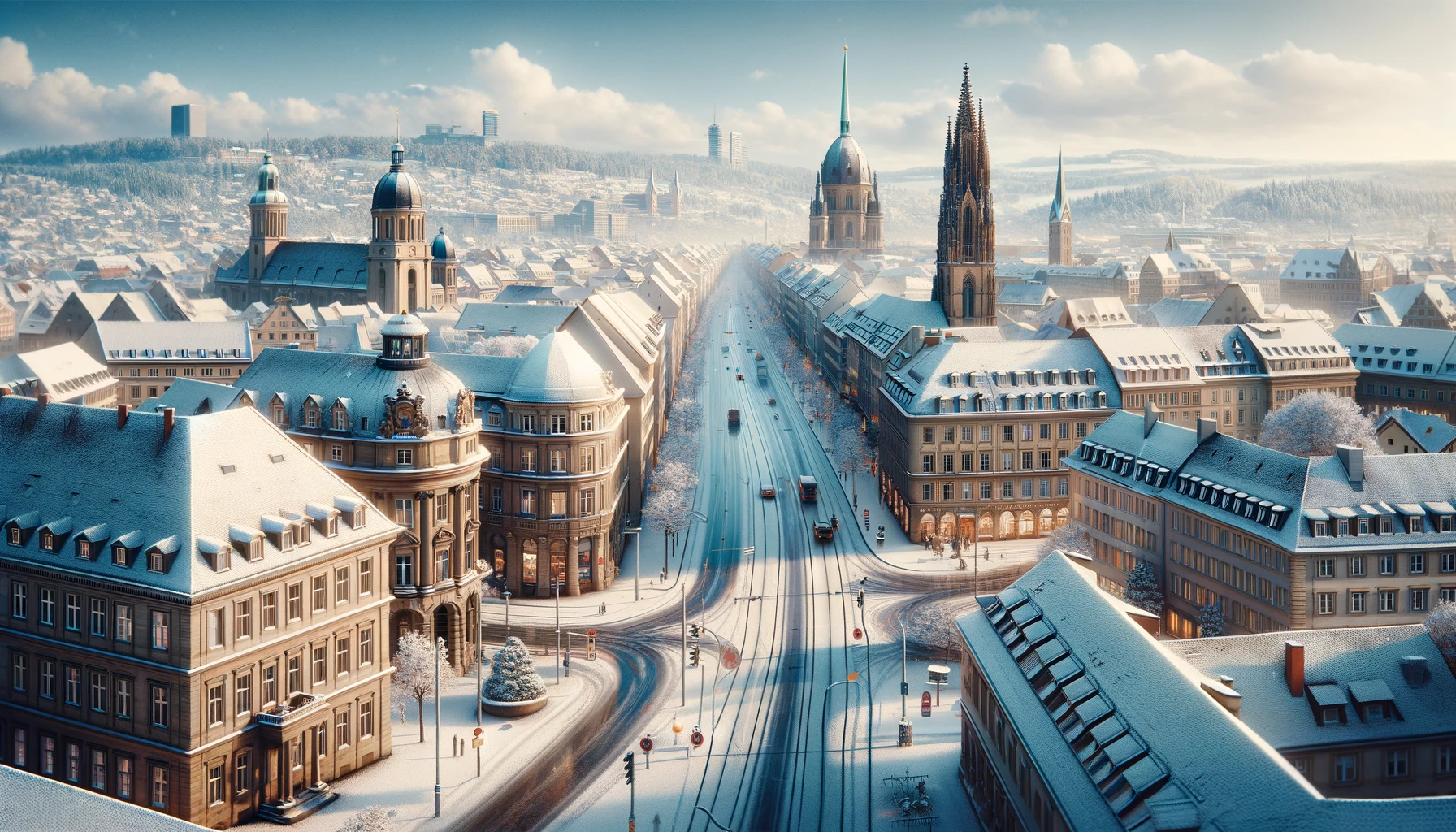 Zimowy widok Stuttgarta, zabytkowe budynki pokryte śniegiem