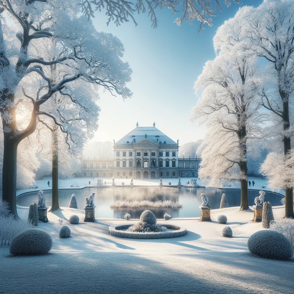Zimowy krajobraz ogrodów Herrenhäuser Gärten w Hanowerze, pokryty śniegiem z mroźnymi drzewami i jasnym niebieskim niebem, podkreślający spokojne piękno tego historycznego parku w styczniu.