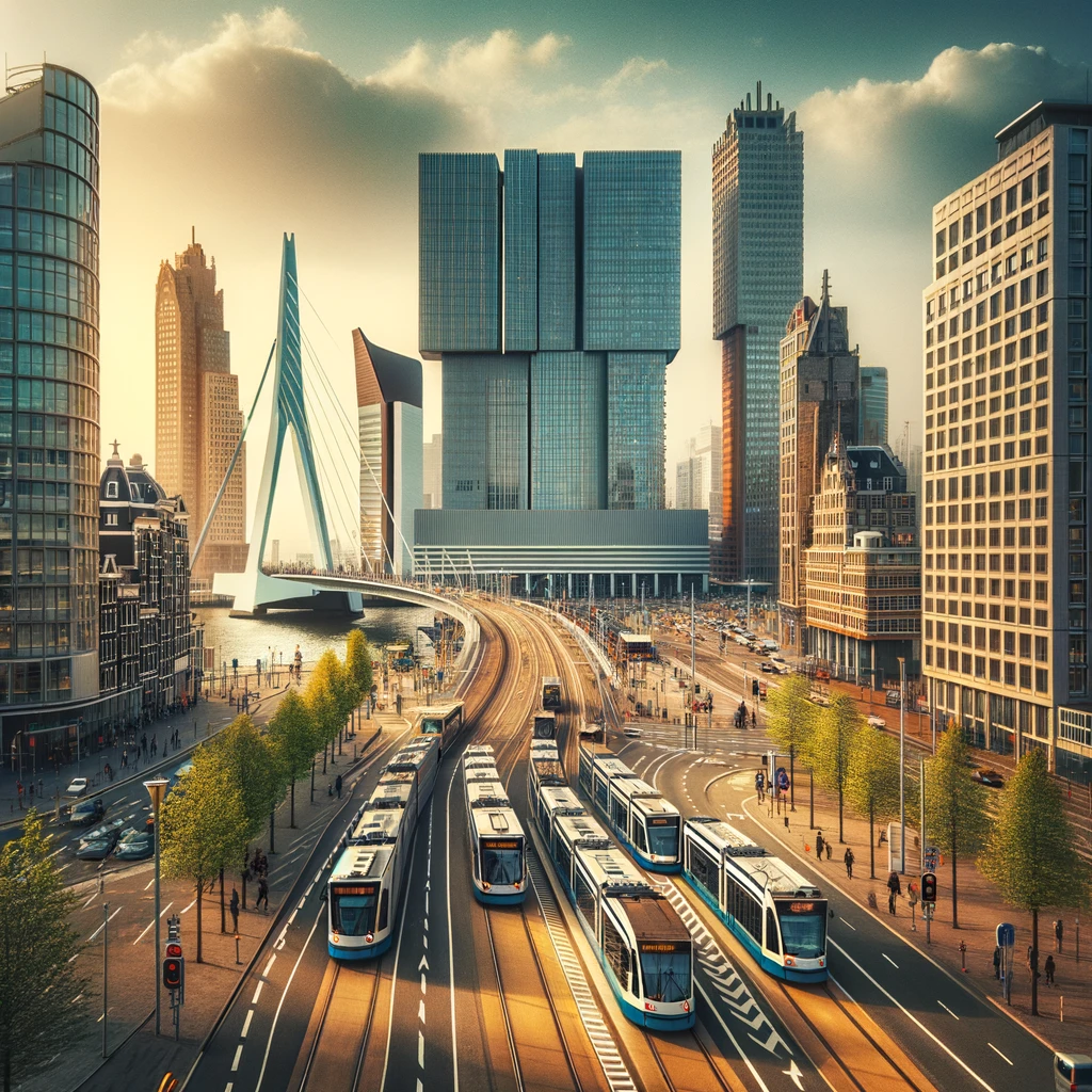Widok na nowoczesną architekturę Rotterdamu z naciskiem na system transportu publicznego, z tramwajami, autobusami i metrem w tętniącym życiem mieście
