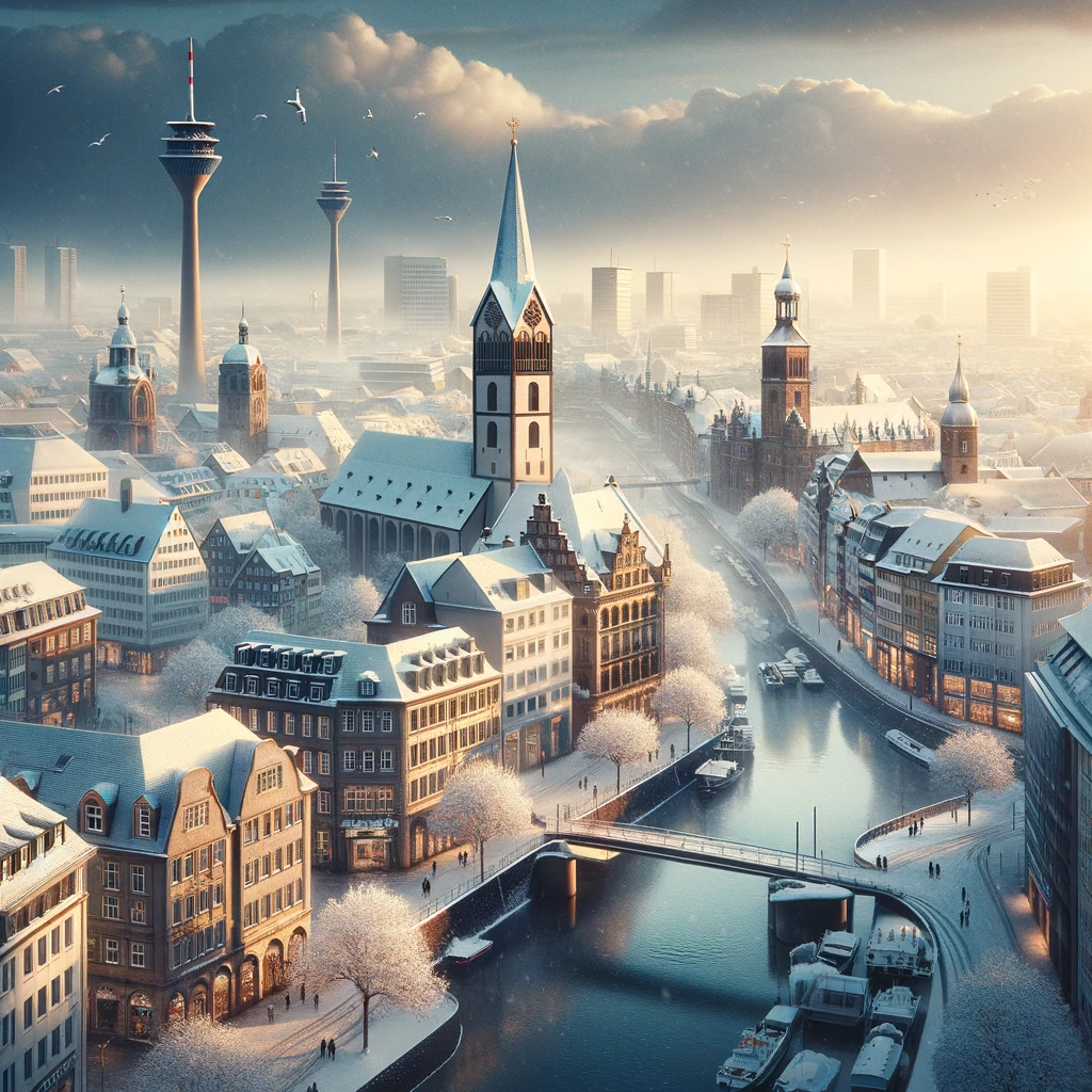 Zimowy widok Düsseldorfu z pokrytymi śniegiem ulicami i historycznymi budynkami